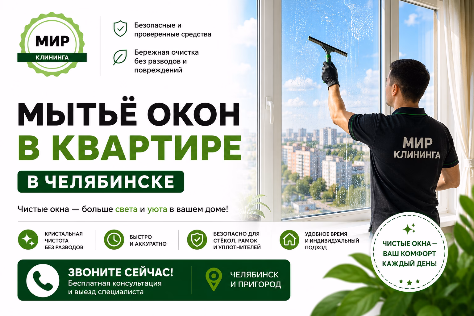 Мойка окон в квартире  в Челябинске