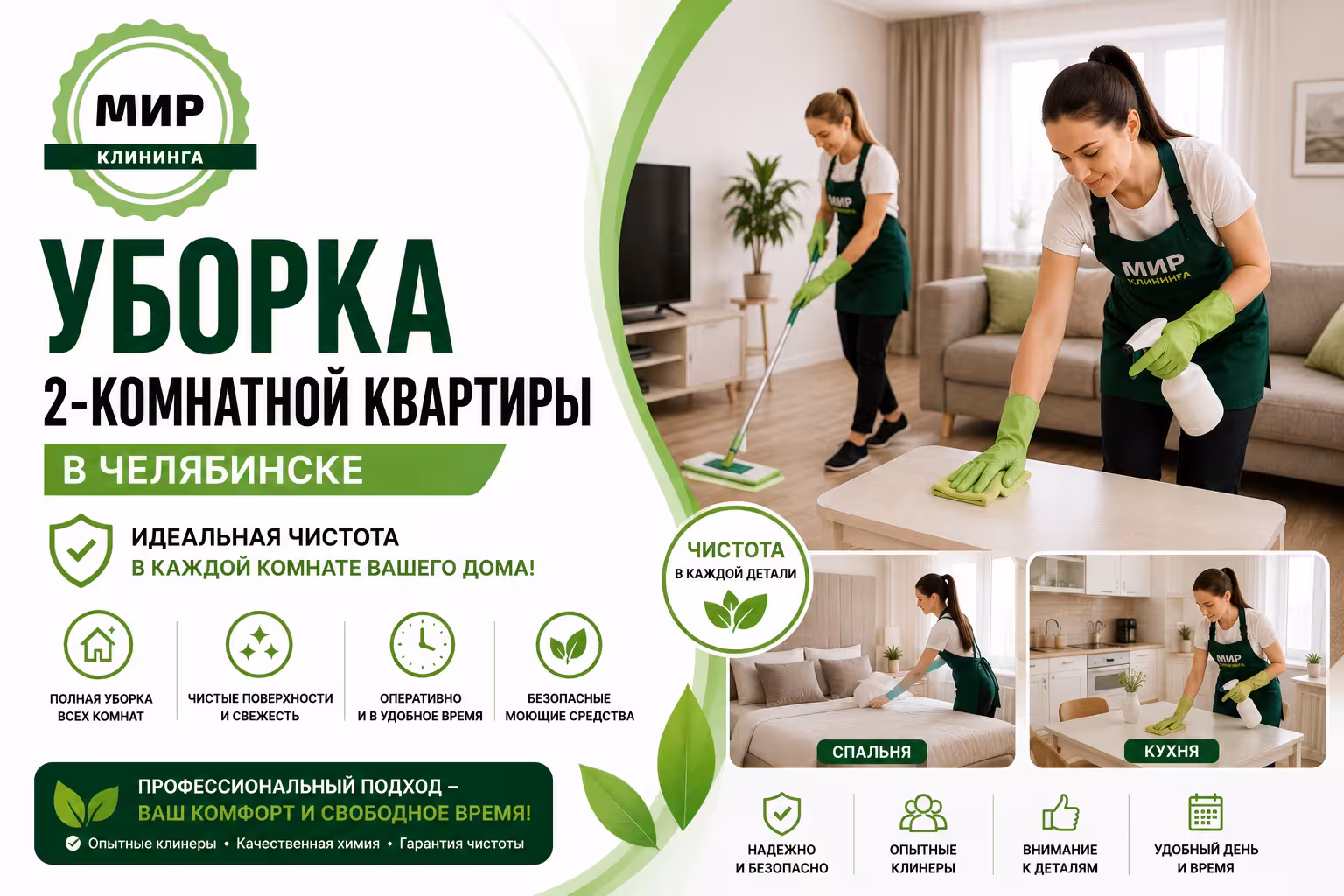 Уборка двухкомнатной квартиры в Челябинске
