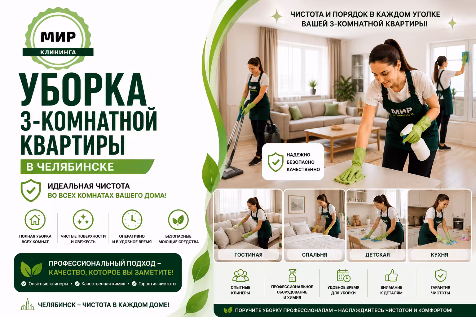 Уборка трёхкомнатной квартиры в Челябинске