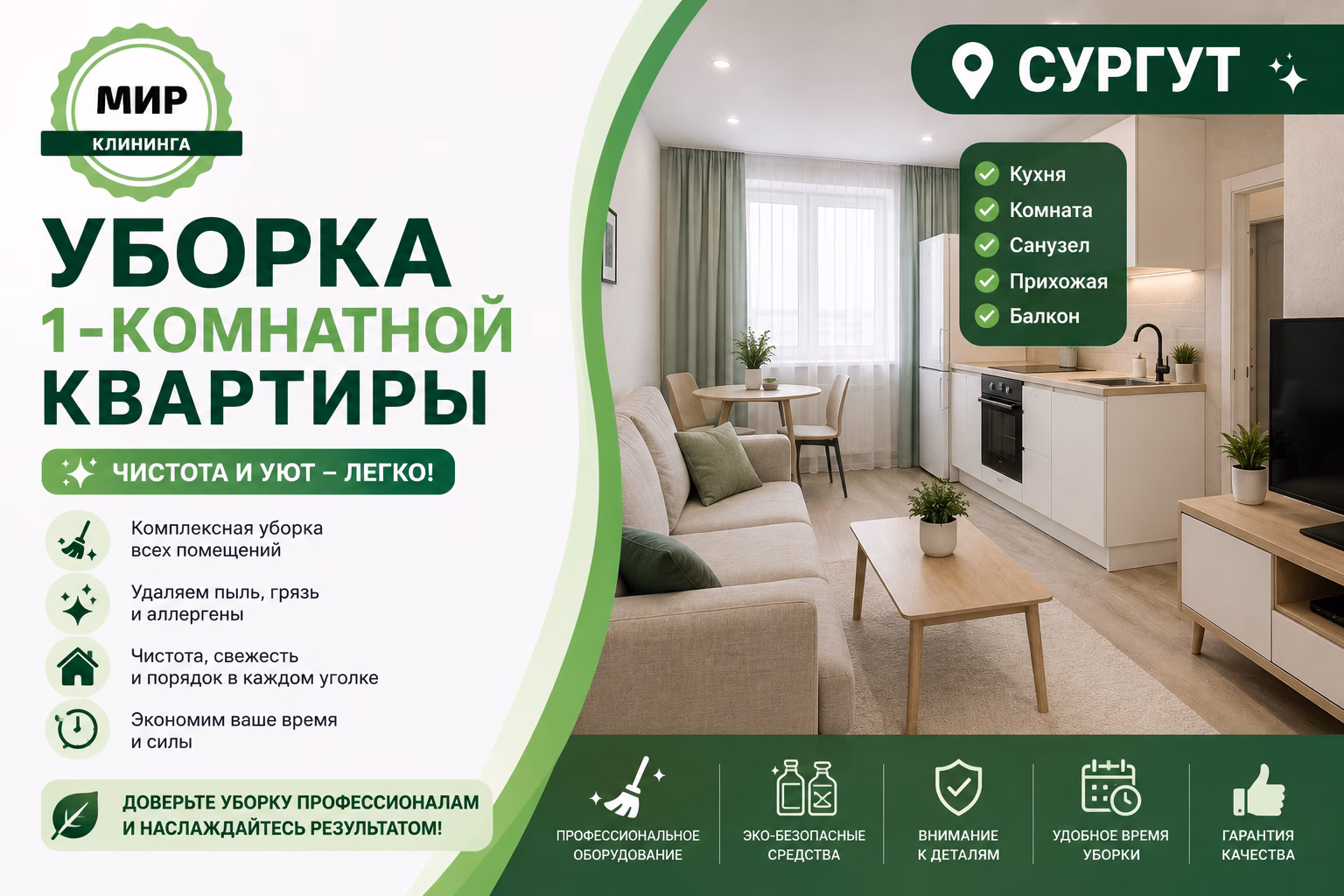 Уборка однокомнатной квартиры в Сургуте