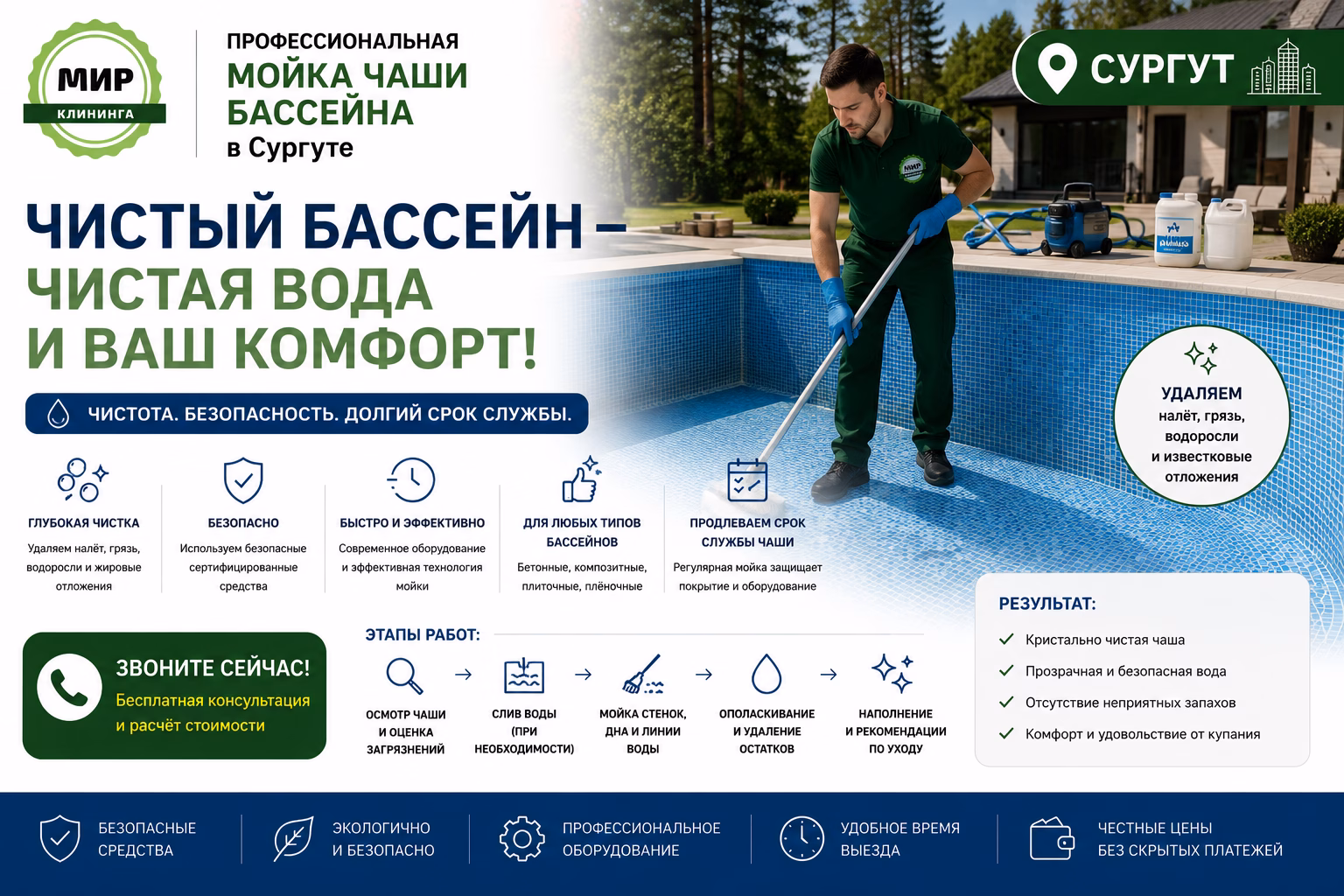 Мойка чаши бассейна в Сургуте