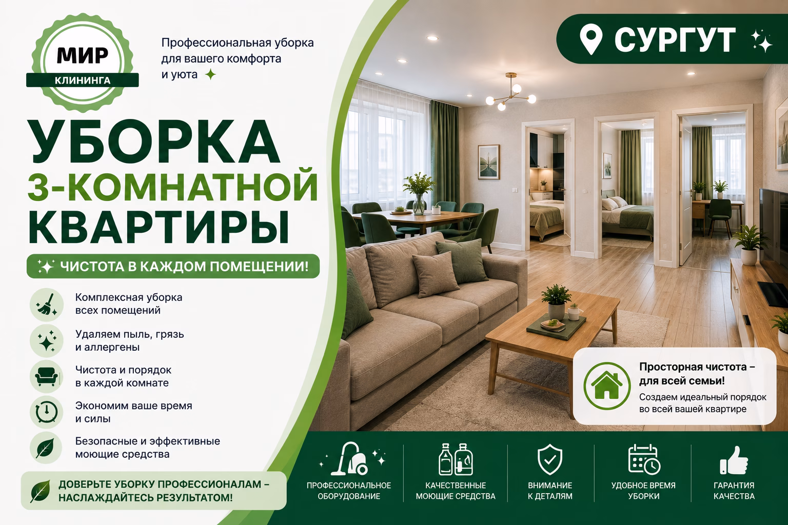 Уборка трёхкомнатной квартиры в Сургуте